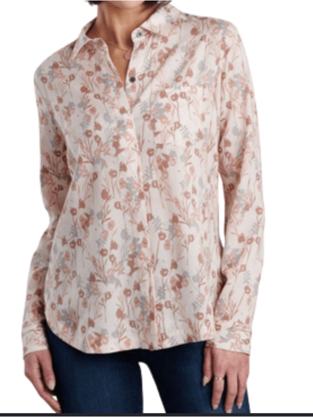 Kuhl Hadley Sandstone Beige Light Blue Floral Button-Down Shirt women’s L top